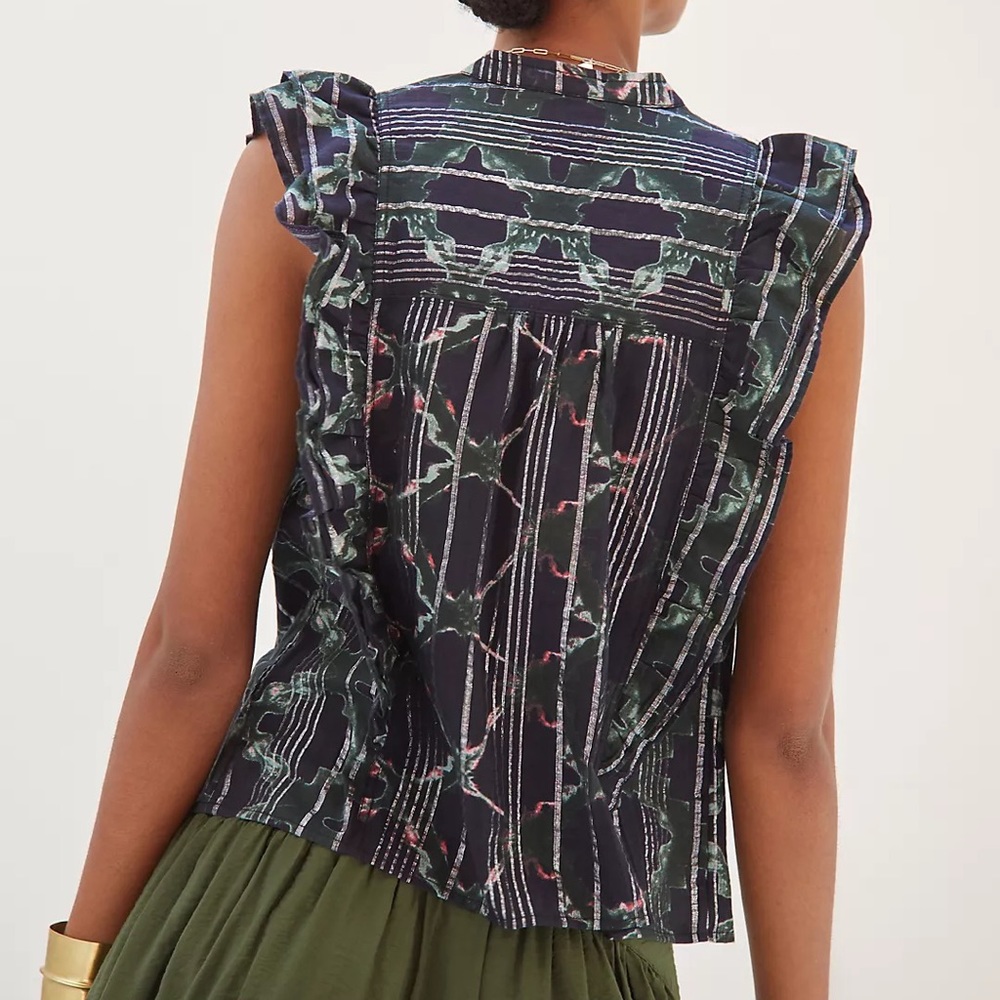 Anthropologie Pilcro Ruffled Button Front Sleeveless Blouse Black Print Top M - Picture 3 of 12